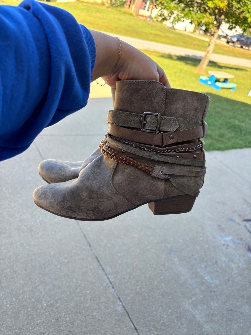 Taupe Suede Ankle Booties with Layered Strap and Chain Accents